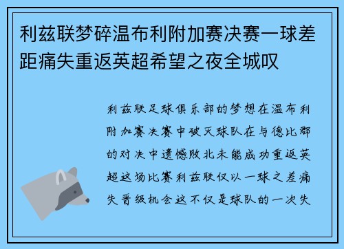 利兹联梦碎温布利附加赛决赛一球差距痛失重返英超希望之夜全城叹
